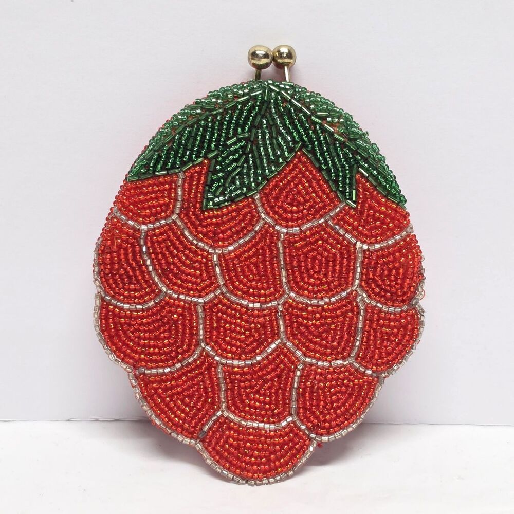 Vintage Hand Made Coin Change Purse Wallet Red Strawberry Beaded Lined Korea